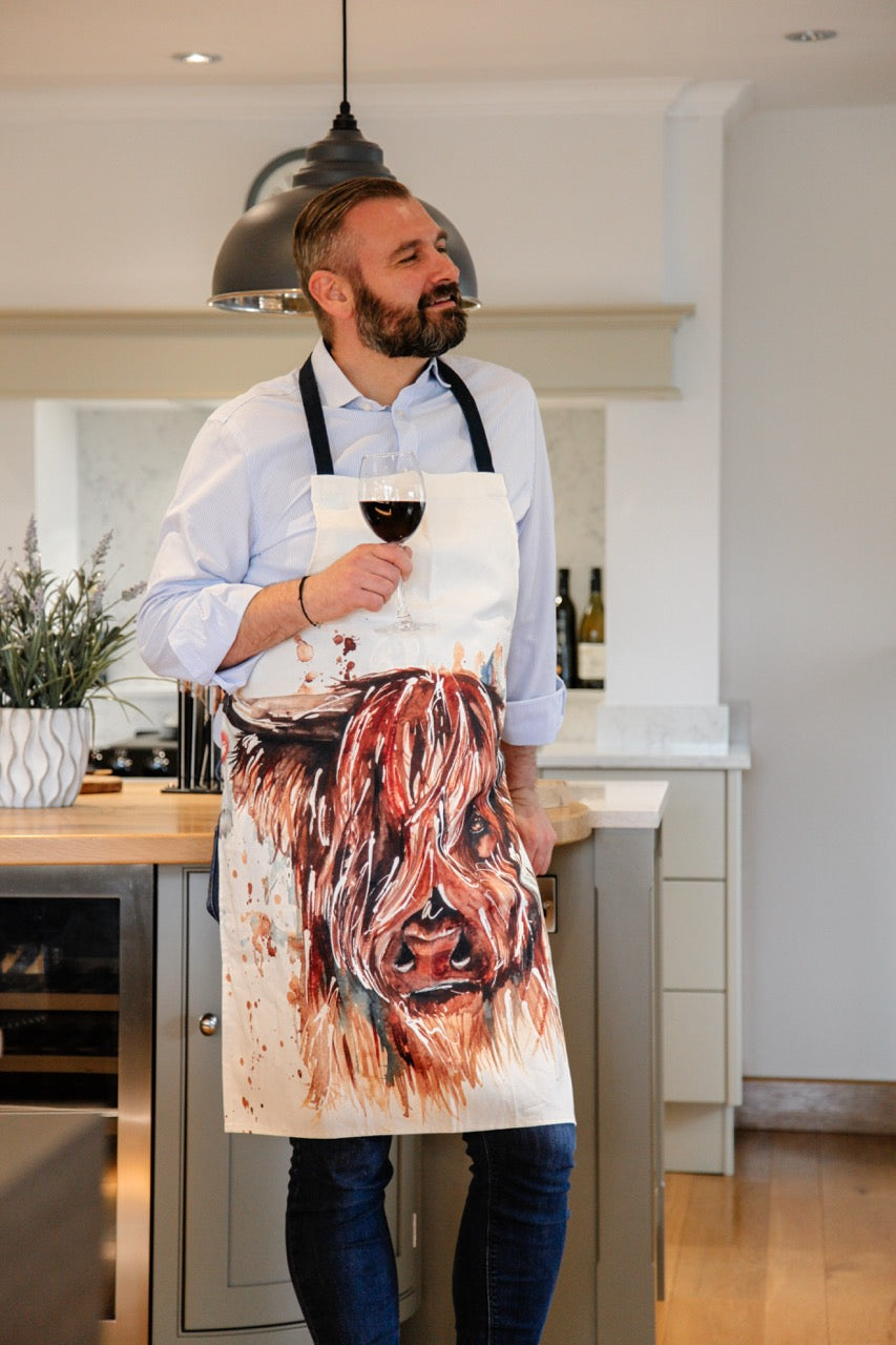 The Hebrides Highland Cow Organic Cotton Apron by Meg Hawkins
