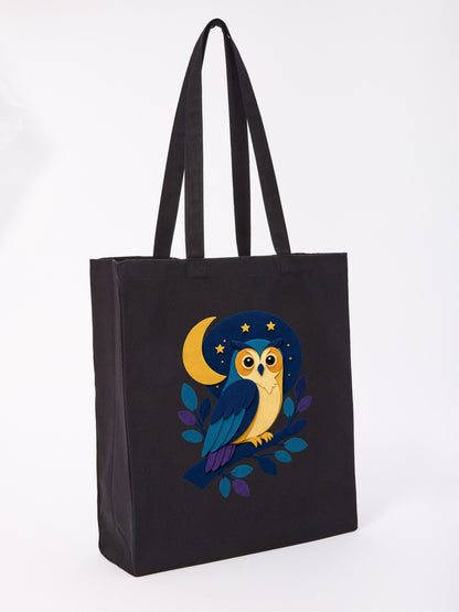 Owl in the Moonlight Recycled Cotton Shopper Bag - Felt & Fauna Raven Black colour variant image