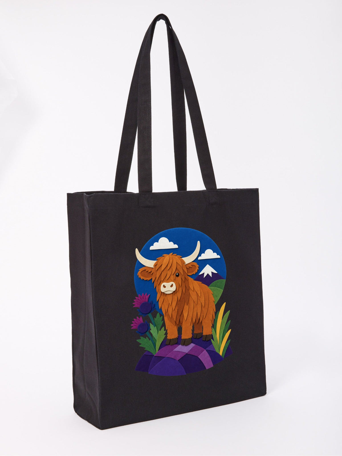 Highland Cow Among the Thistles Recycled Cotton Shopper Bag - Felt & Fauna Raven Black colour variant image