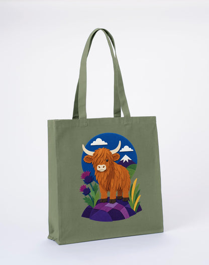 Highland Cow Among the Thistles Recycled Cotton Shopper Bag - Felt & Fauna Sage Leaf colour variant image