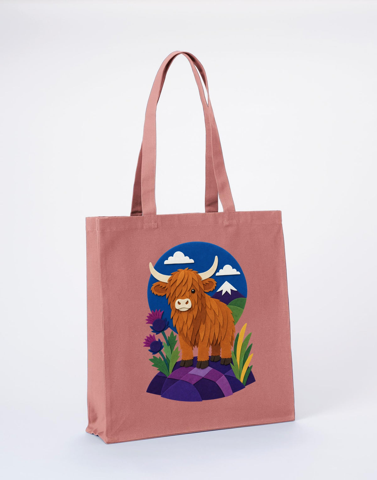 Highland Cow Among the Thistles Recycled Cotton Shopper Bag - Felt & Fauna Wild Rose colour variant image