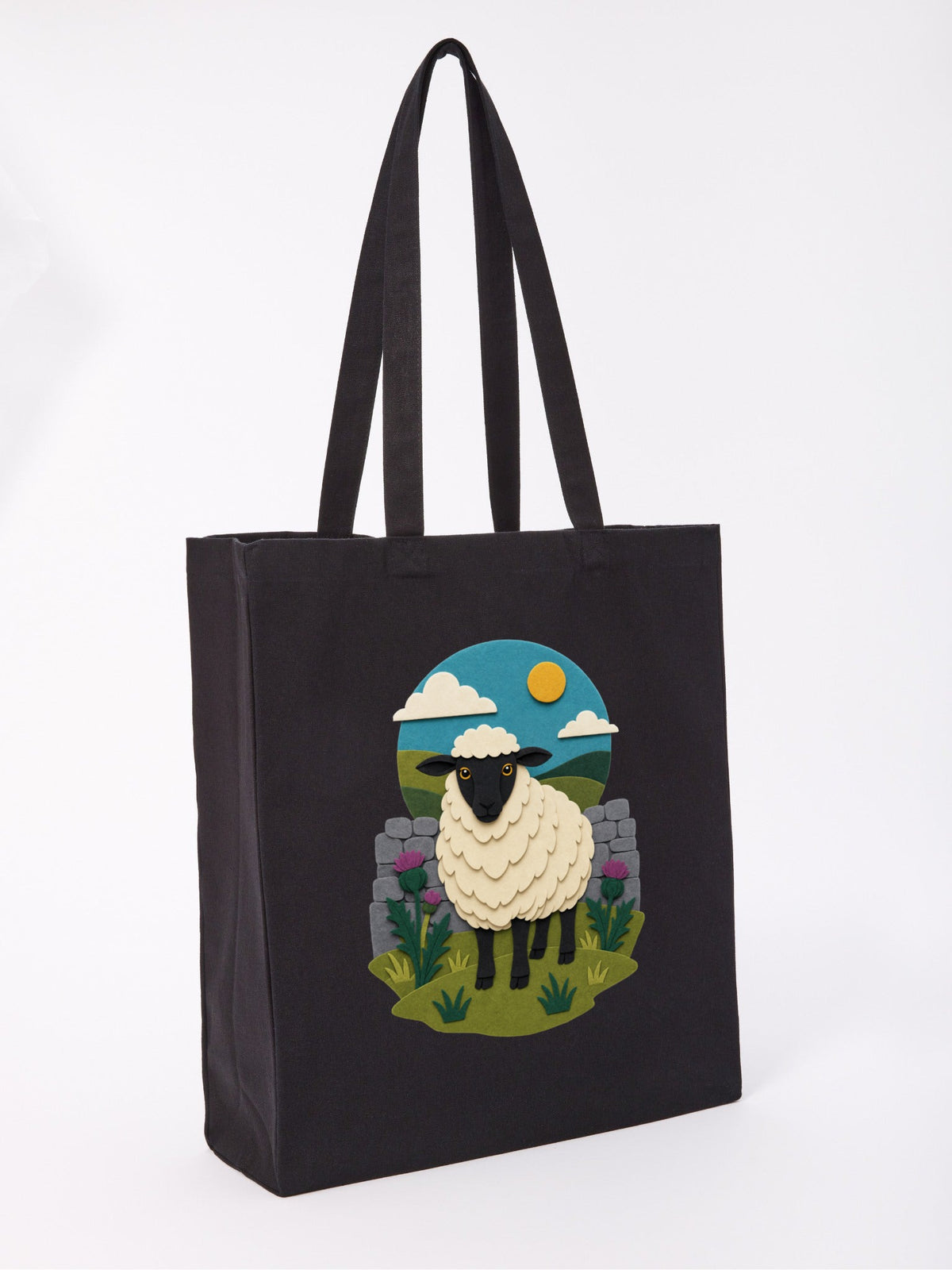 Sheep by the Stone Wall Recycled Cotton Shopper Bag - Felt & Fauna Raven Black colour variant image