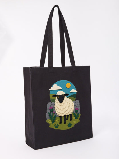 Sheep by the Stone Wall Recycled Cotton Shopper Bag - Felt & Fauna Raven Black colour variant image