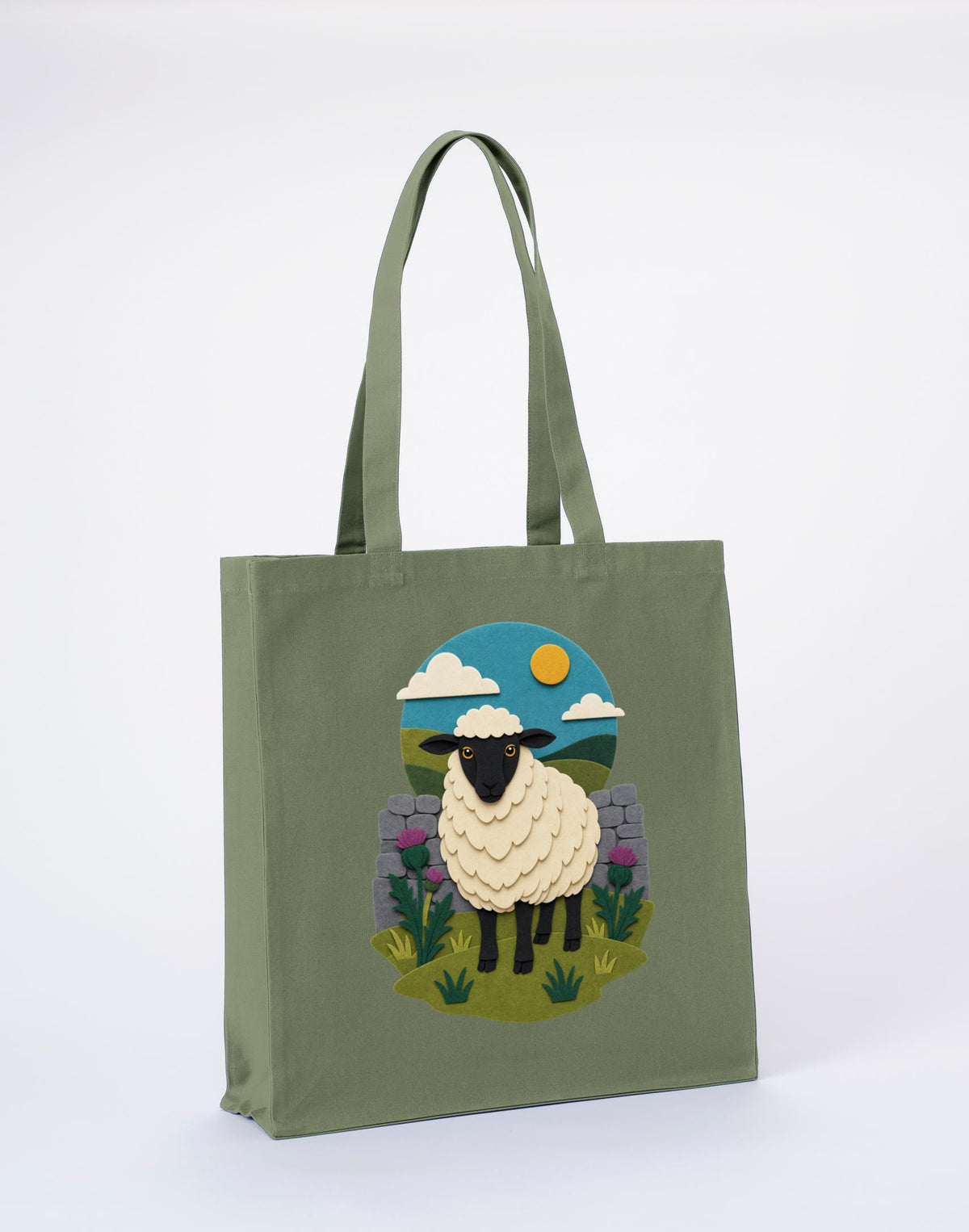 Sheep by the Stone Wall Recycled Cotton Shopper Bag - Felt & Fauna Sage Leaf colour variant image
