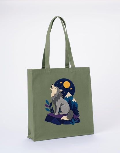 Wolf Beneath the Moon Recycled Cotton Shopper Bag - Felt & Fauna Sage Leaf colour variant image
