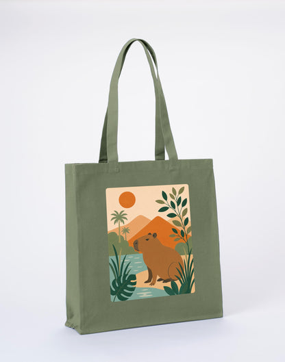 Capybara Oasis Recycled Cotton Shopper Bag - Wild Horizons Sage Leaf colour variant image