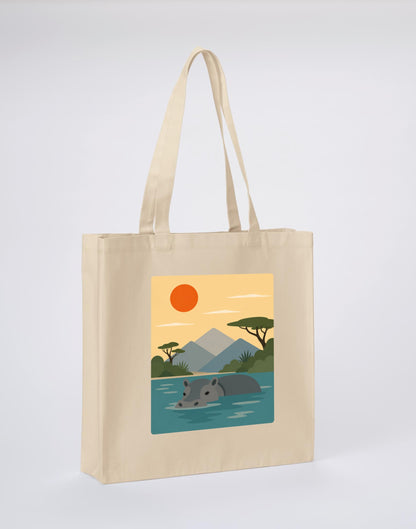 Hippo in Still Waters Recycled Cotton Shopper Bag - Wild Horizons Dune Sand colour variant image