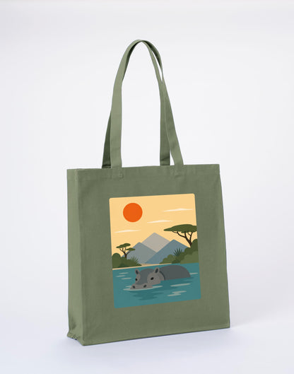 Hippo in Still Waters Recycled Cotton Shopper Bag - Wild Horizons Sage Leaf colour variant image