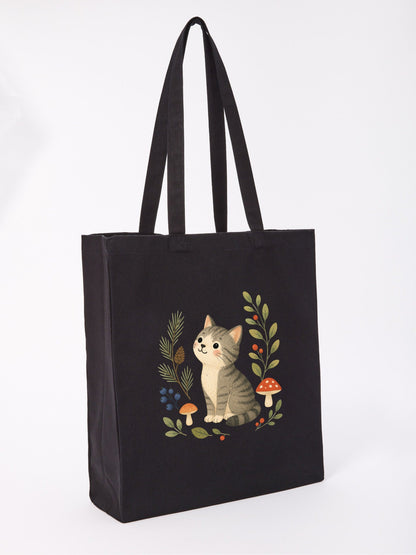 Kitten in the Pines Recycled Cotton Shopper Bag - Once Upon a Woodland Raven Black colour variant image
