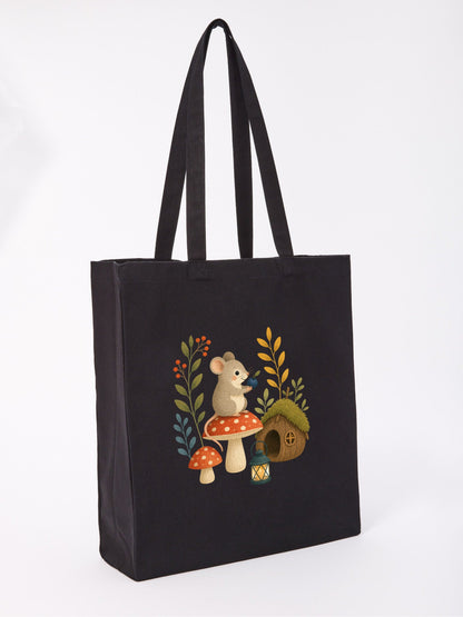 Mouse at Mushroom Cottage Recycled Cotton Shopper Bag - Once Upon a Woodland Raven Black colour variant image