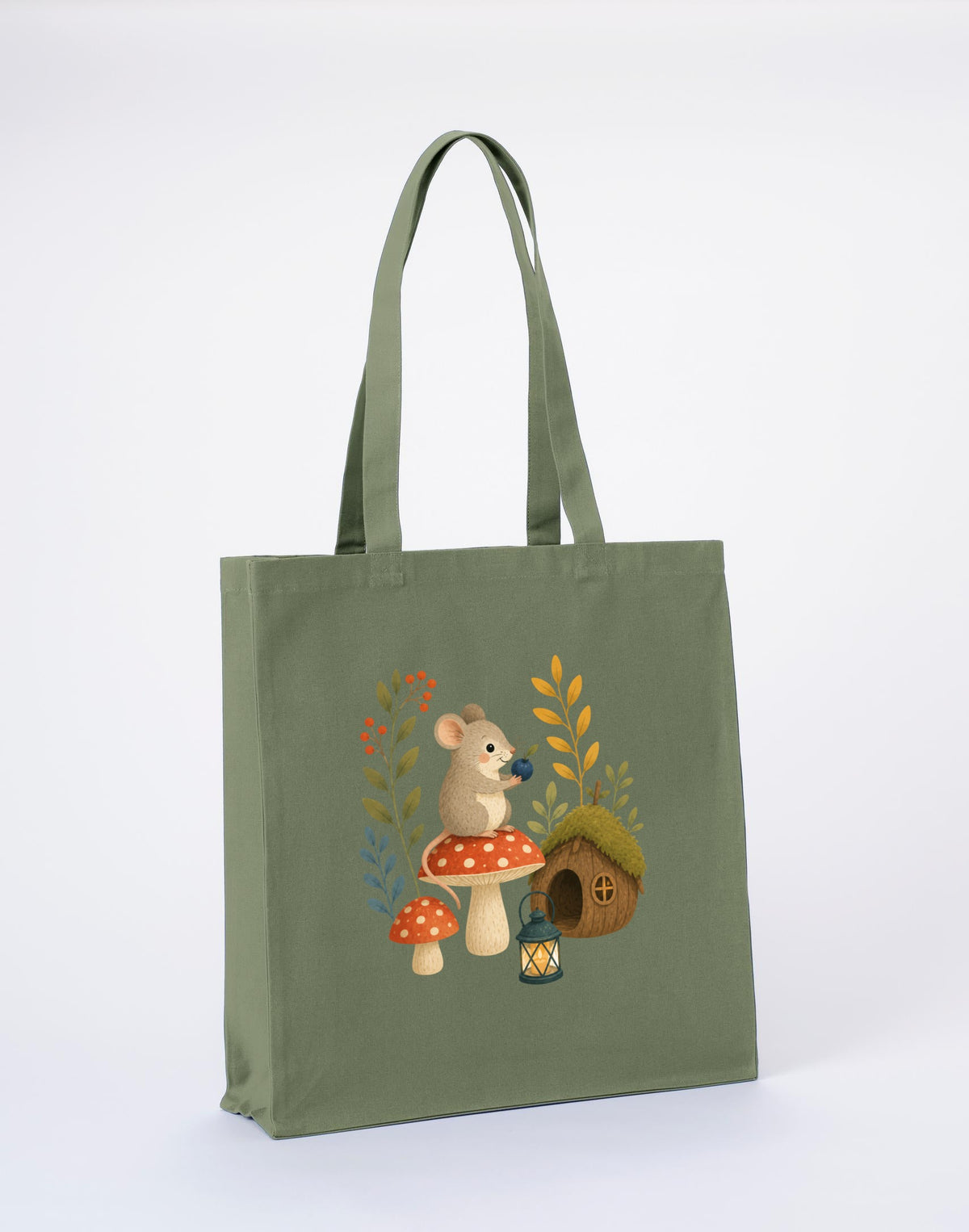 Mouse at Mushroom Cottage Recycled Cotton Shopper Bag - Once Upon a Woodland Sage Leaf colour variant image