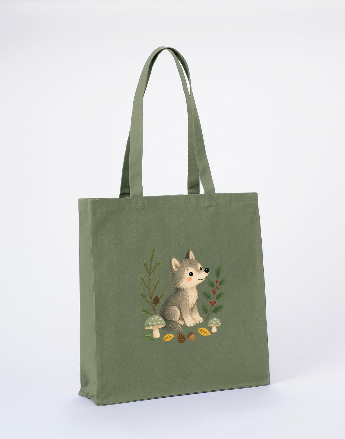 Wolf in the Winter Wood Recycled Cotton Shopper Bag - Once Upon a Woodland Sage Leaf colour variant image