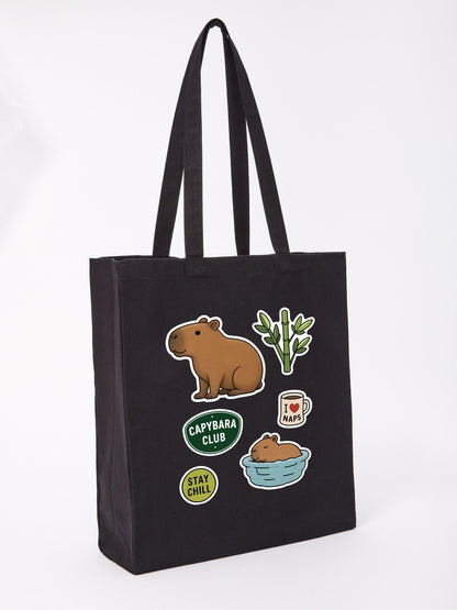 Capybara Chill Club Recycled Cotton Shopper Bag - Badges of the Wild Raven Black colour variant image