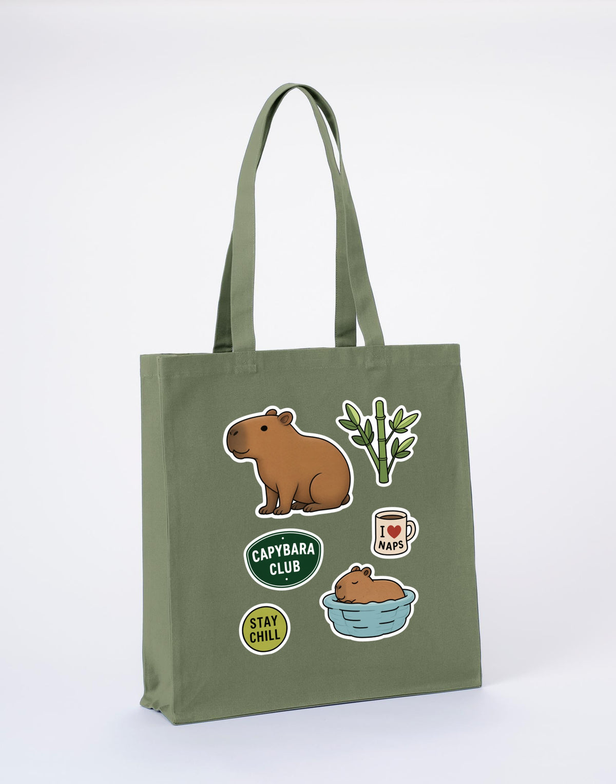 Capybara Chill Club Recycled Cotton Shopper Bag - Badges of the Wild Sage Leaf colour variant image