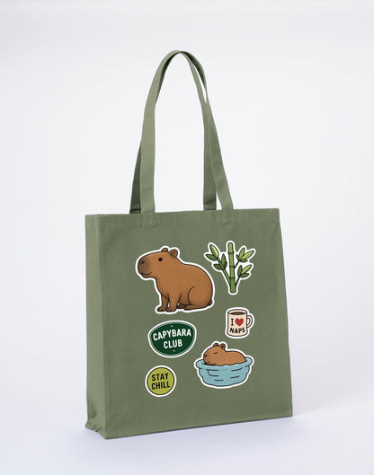 Capybara Chill Club Recycled Cotton Shopper Bag - Badges of the Wild Sage Leaf colour variant image