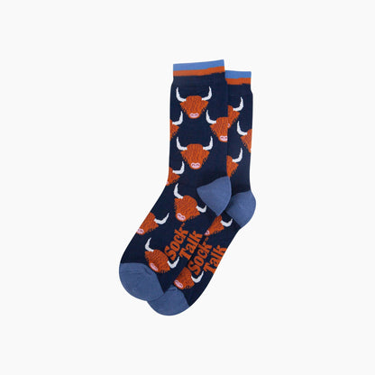 Navy Highland Cow Bamboo Socks from Sock Talk