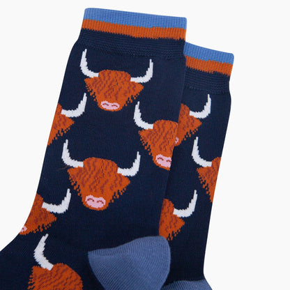 Navy Highland Cow Bamboo Socks from Sock Talk