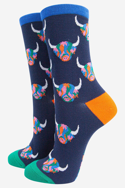 Rainbow Highland Cow Bamboo Socks from Sock Talk