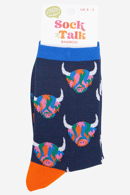Rainbow Highland Cow Bamboo Socks from Sock Talk