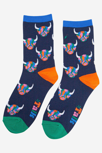 Rainbow Highland Cow Bamboo Socks from Sock Talk