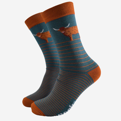 Teal Striped Highland Cow Bamboo Socks from Sock Talk