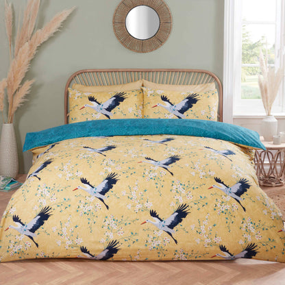 Cranes Reversible Duvet Cover Set in Ochre