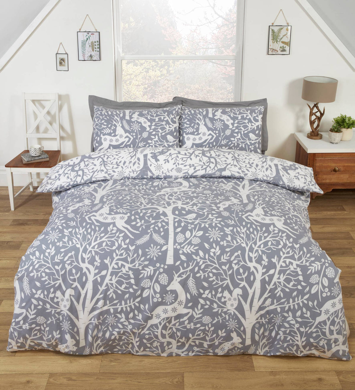 Tatton Woodland Reversible Duvet Cover Set in Grey