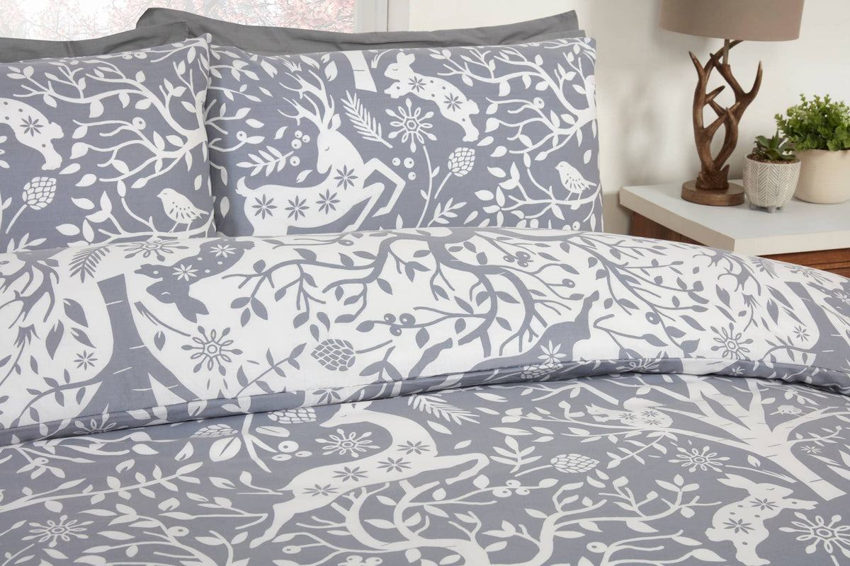 Tatton Woodland Reversible Duvet Cover Set in Grey