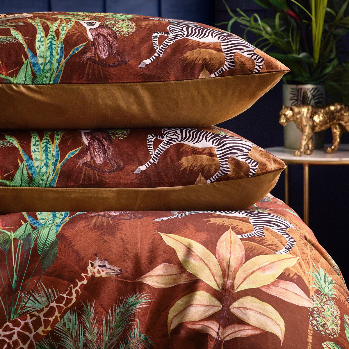 Aranya Exotic Animal Velvet Duvet Cover Set in Rust