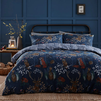 Forest Fauna Woodland Reversible Duvet Cover Set in Navy