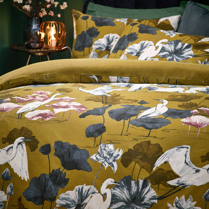 Kushiro Crane Reversible Duvet Cover Set in Olive