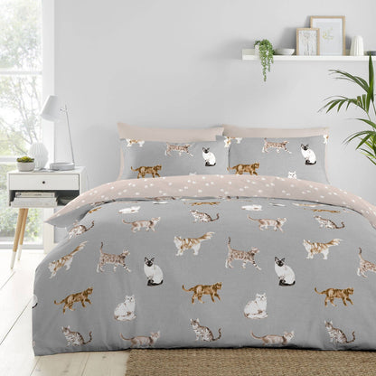 Cats Reversible Duvet Cover Set in Grey by Fusion