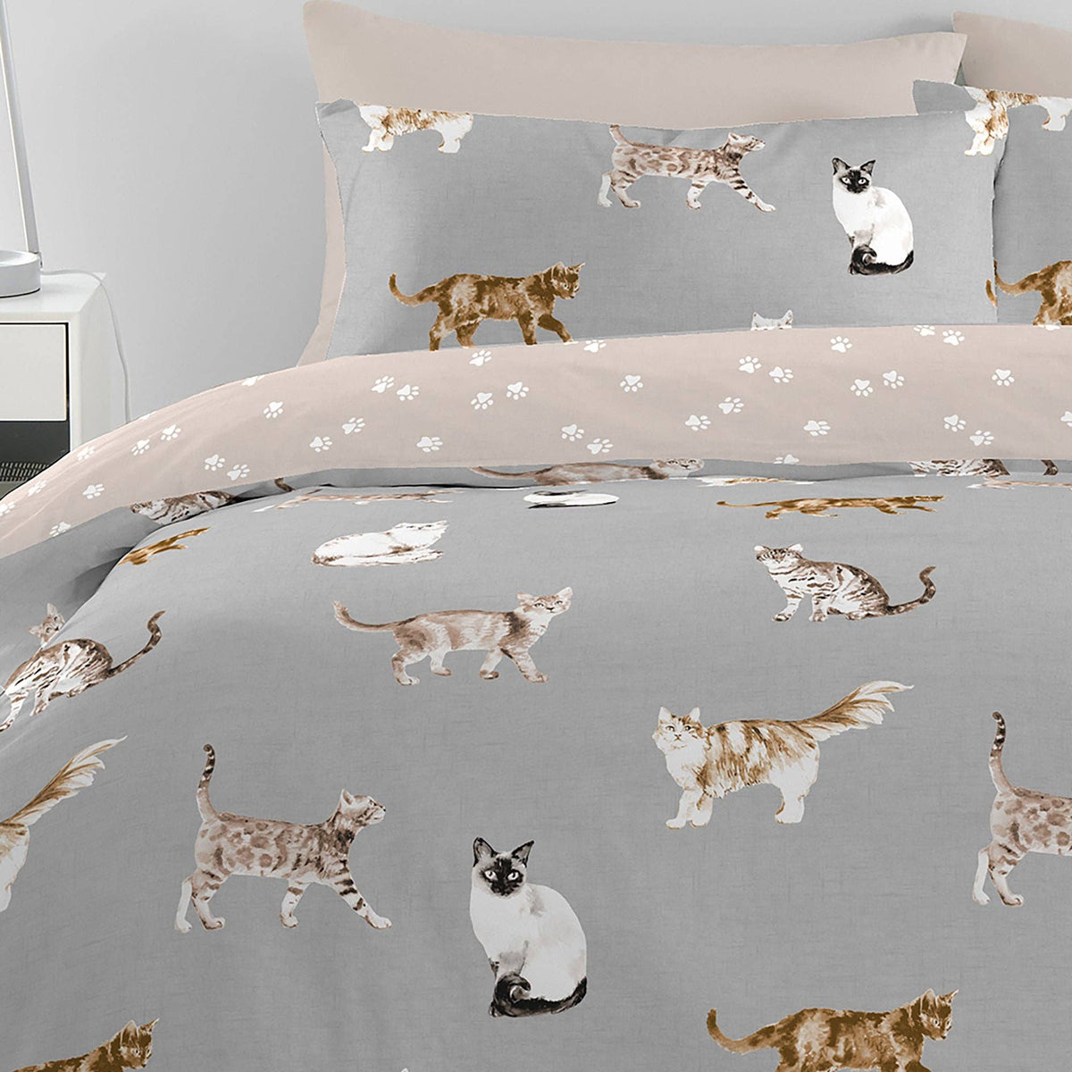 Cats Reversible Duvet Cover Set in Grey by Fusion