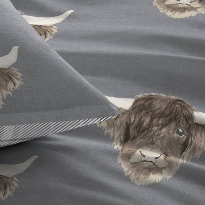 Highland Cow Reversible Duvet Cover Set in Grey by Fusion
