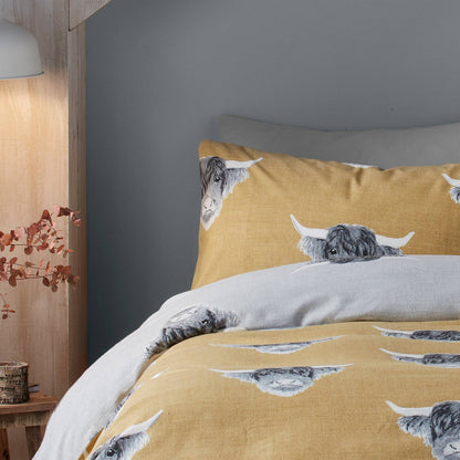 Highland Cow Reversible Duvet Cover Set in Ochre by Fusion