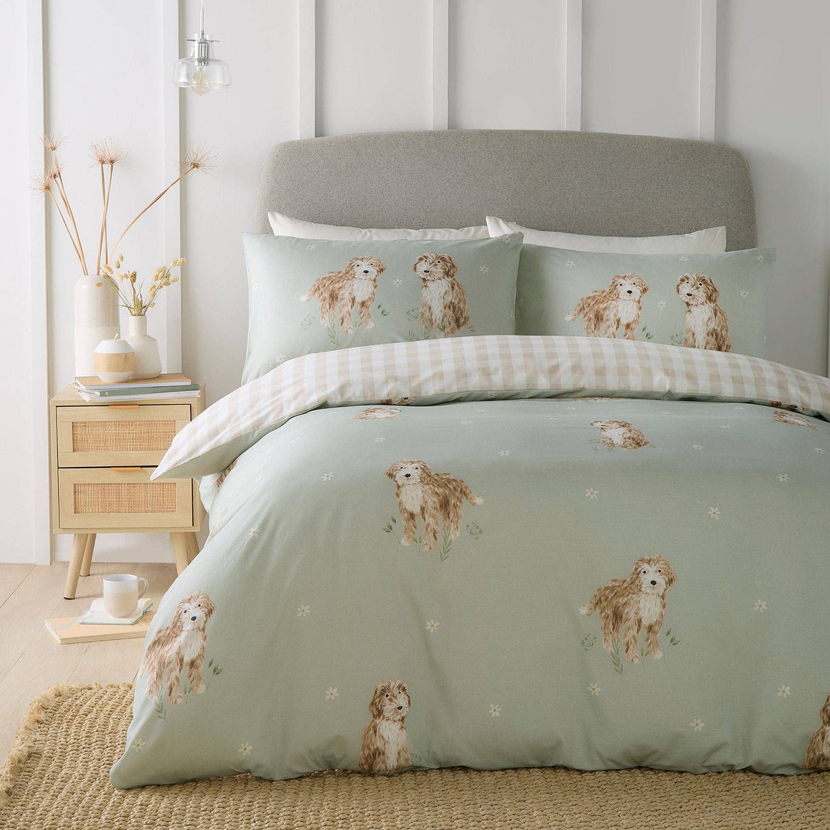 Hattie the Cockapoo Reversible Duvet Cover Set in Green