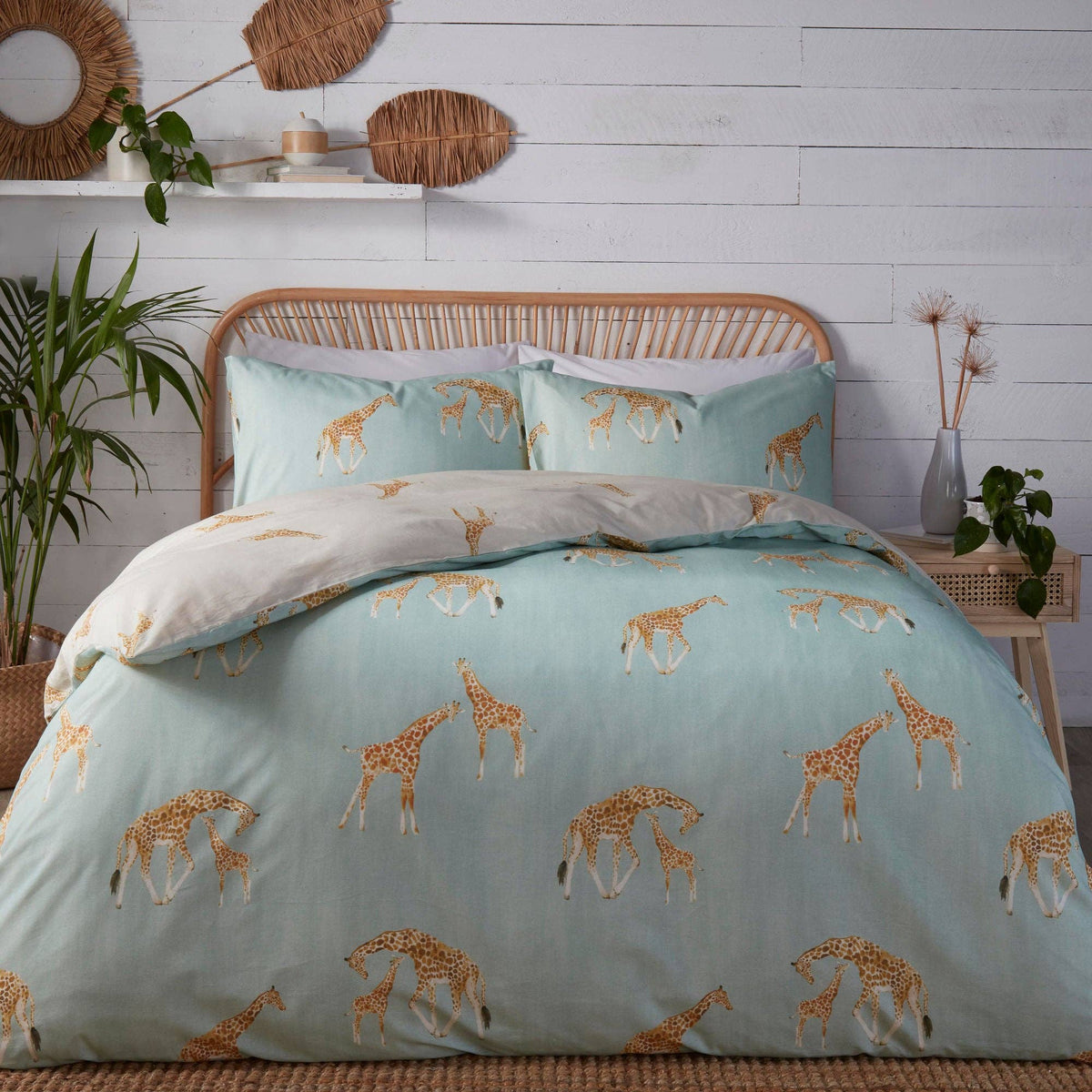 Milo Giraffe Reversible Duvet Cover Set in Duck Egg