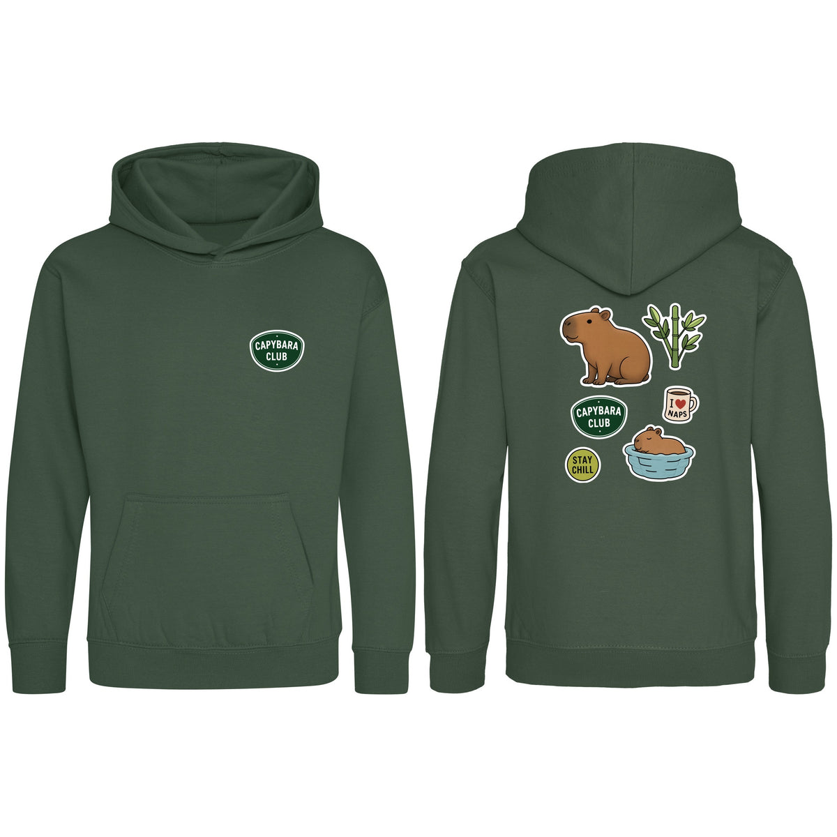 Capybara Chill Club Kids' Hoodie - Badges of the Wild Bottle Green colour variant image