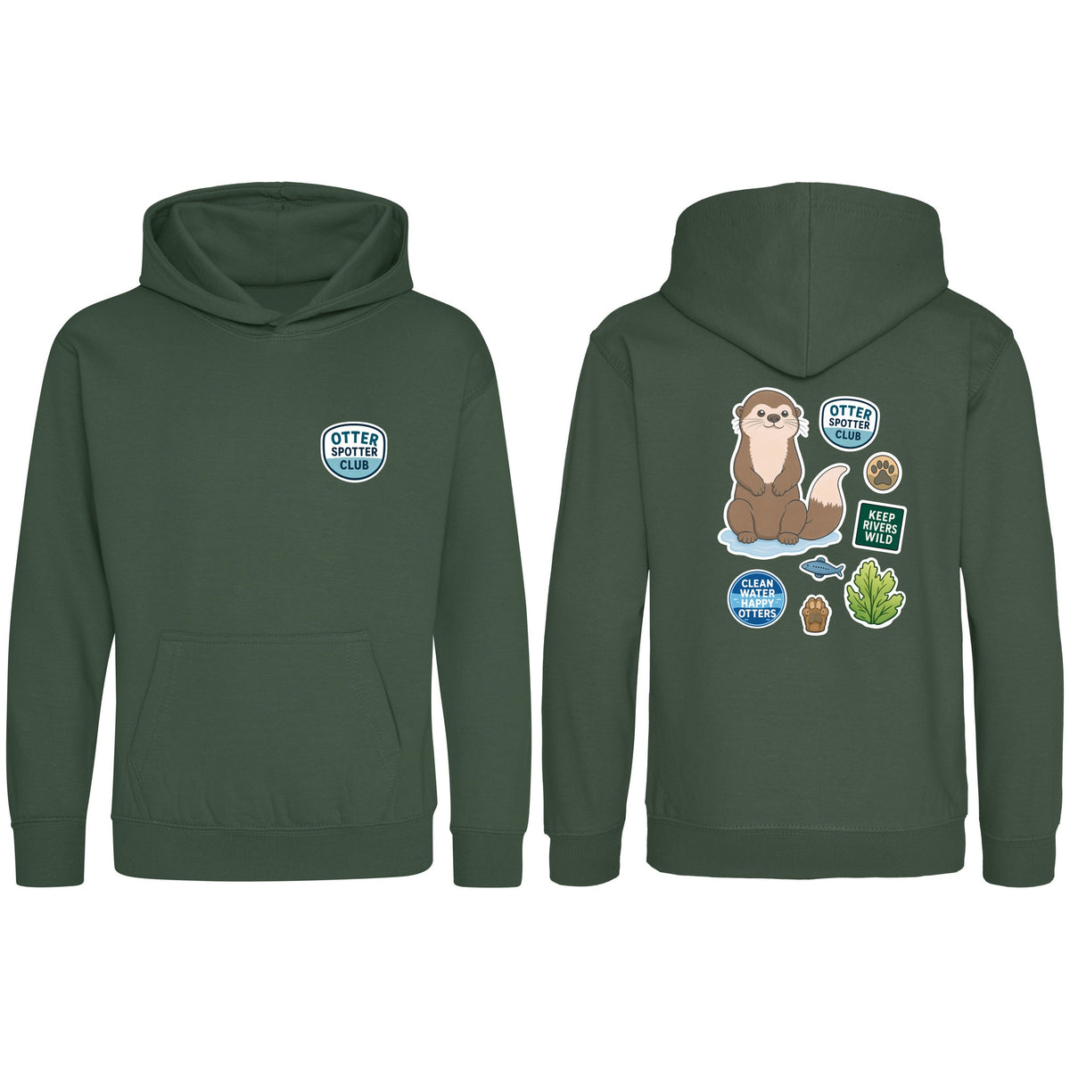 Otter Spotter Club Kids' Hoodie - Badges of the Wild Bottle Green colour variant image