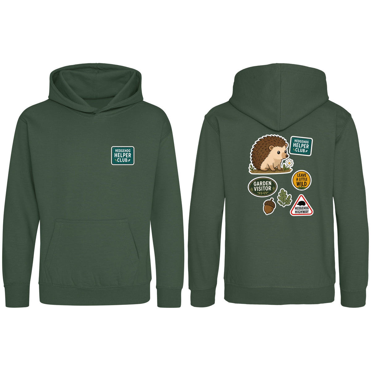 Hedgehog Helper Club Kids' Hoodie - Badges of the Wild Bottle Green colour variant image