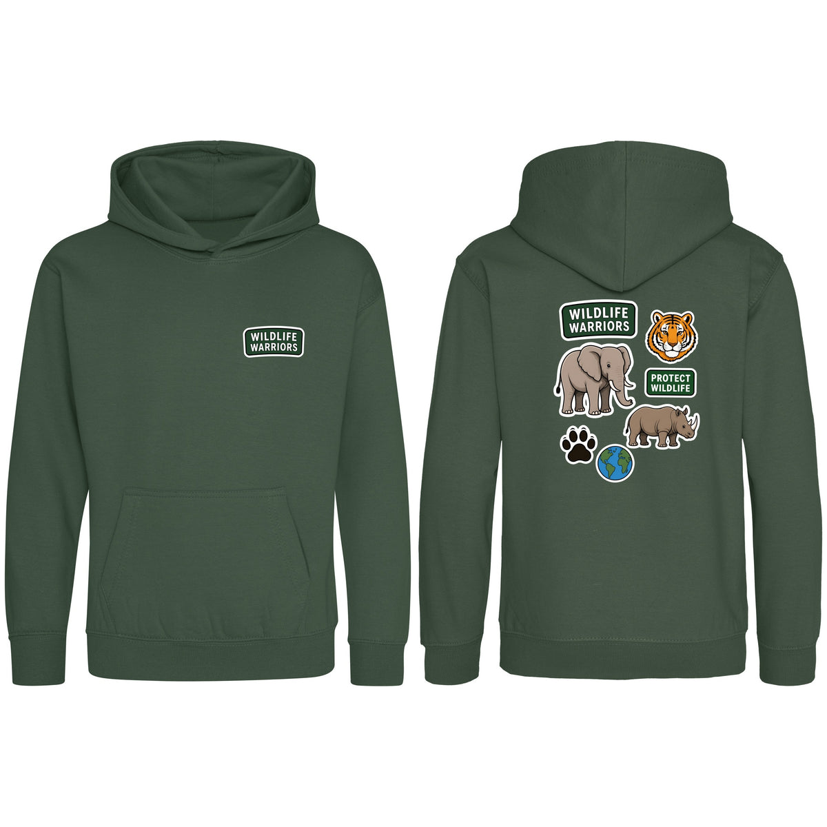 Wildlife Warriors Kids' Hoodie - Badges of the Wild Bottle Green colour variant image
