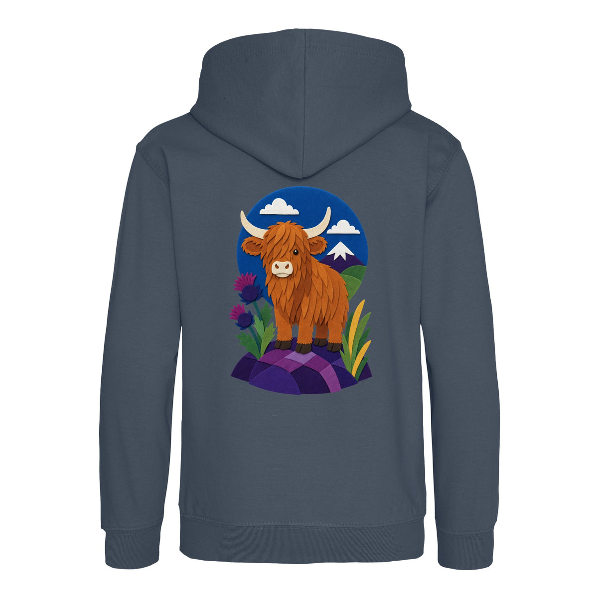 Highland Cow Among the Thistles Kids' Hoodie - Felt & Fauna Airforce Blue colour variant image