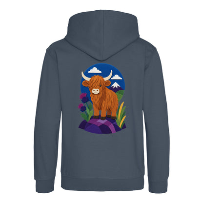 Highland Cow Among the Thistles Kids' Hoodie - Felt & Fauna Airforce Blue colour variant image