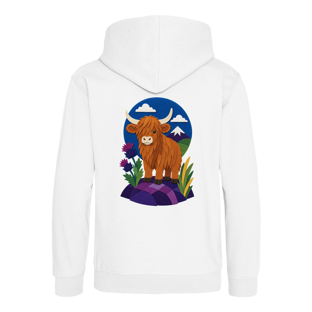 Highland Cow Among the Thistles Kids' Hoodie - Felt & Fauna Arctic White colour variant image