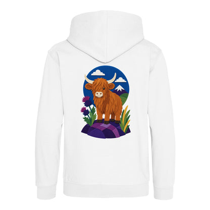Highland Cow Among the Thistles Kids' Hoodie - Felt & Fauna Arctic White colour variant image