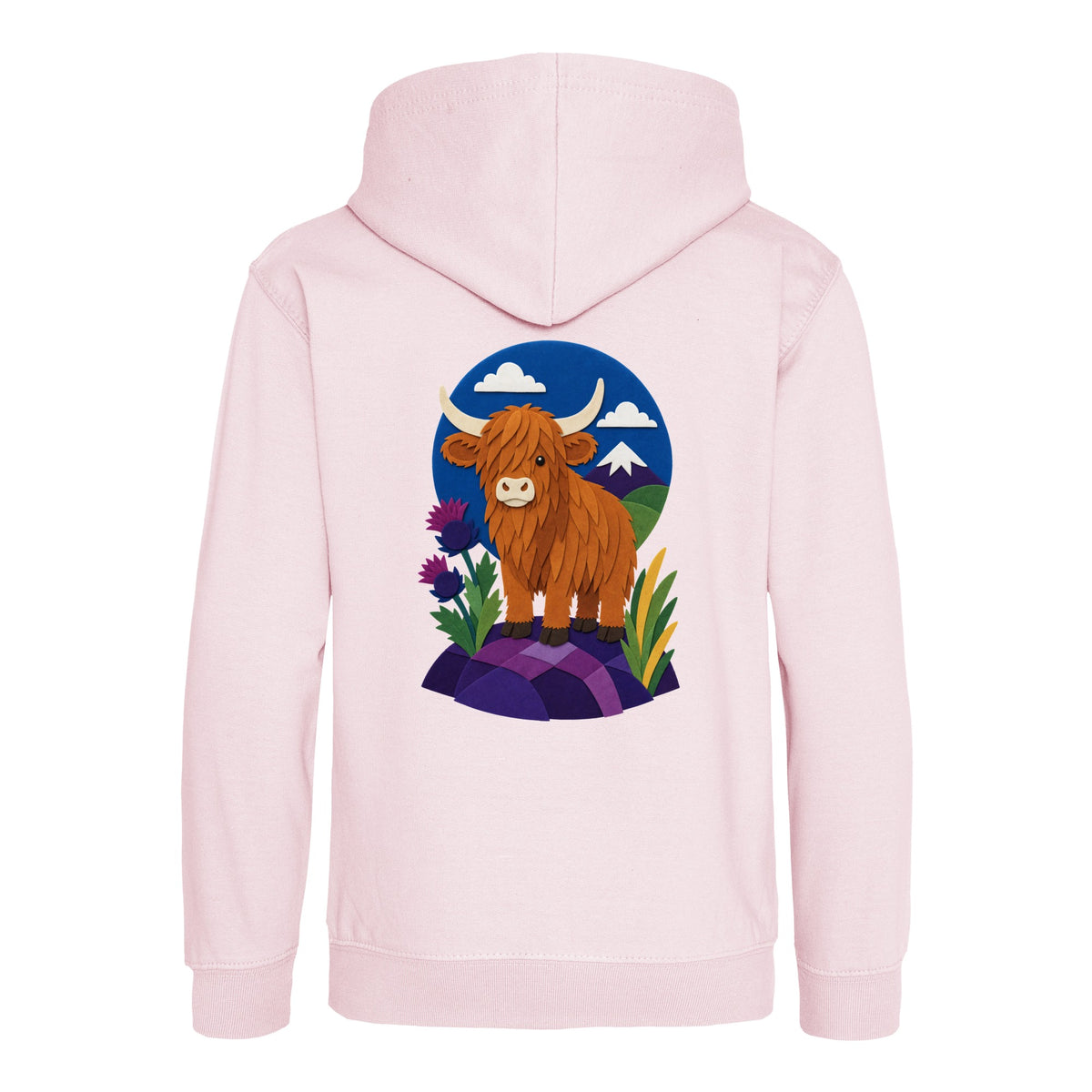 Highland Cow Among the Thistles Kids' Hoodie - Felt & Fauna Baby Pink colour variant image
