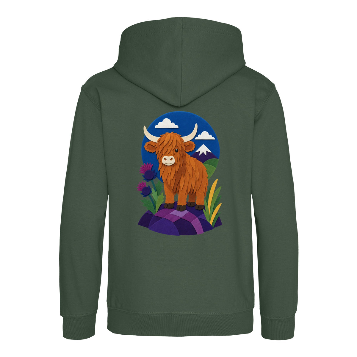 Highland Cow Among the Thistles Kids' Hoodie - Felt & Fauna Bottle Green colour variant image