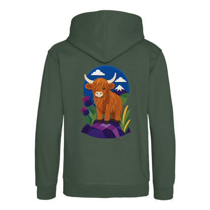 Highland Cow Among the Thistles Kids' Hoodie - Felt & Fauna Bottle Green colour variant image