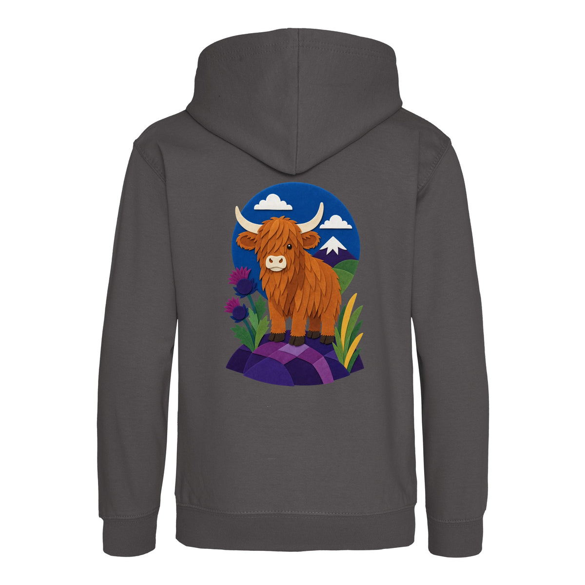 Highland Cow Among the Thistles Kids' Hoodie - Felt & Fauna Charcoal colour variant image