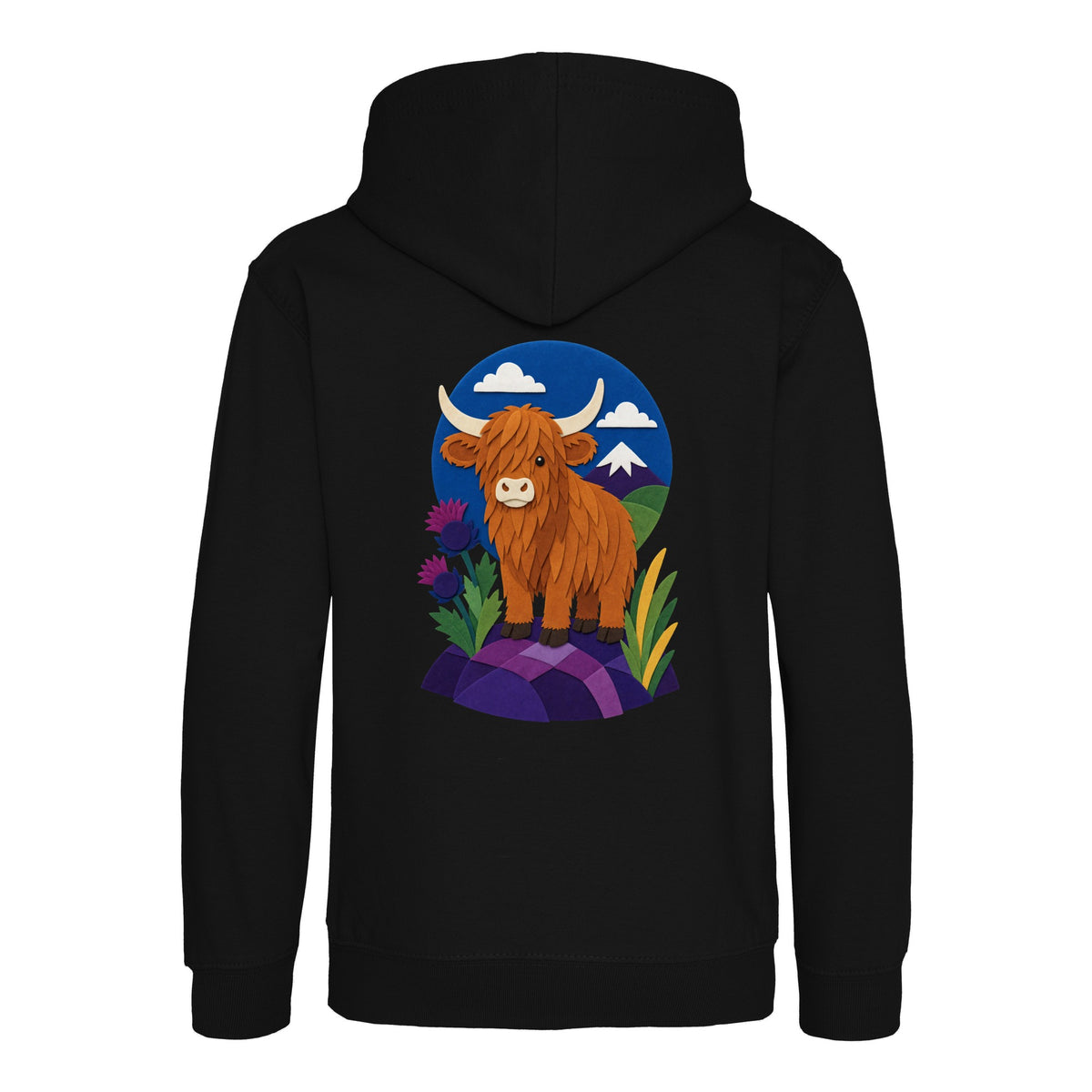 Highland Cow Among the Thistles Kids' Hoodie - Felt & Fauna Deep Black colour variant image